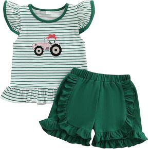 Toddler Baby Girl Farm Outfit Tractor Embroidery Stripe Flutter Sleeve Shirt Tops Ruffle Shorts Set Summer Clothes