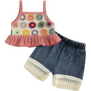 Baby Girl Outfits Crocheted Ruffled Camisole And Denim Shorts Set 6 12 18 24 Months 2 3 4 T