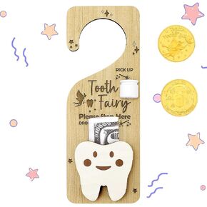 WALLFID 2-in-1 Design Tooth Fairy Door Hanger,Tooth Design Tooth Fairy Tooth Holder with Gift Compartment,Tooth Fairy Gifts Including Tooth Fairy Coins,Ideal for Celebrating Lost Teeth (Pink)