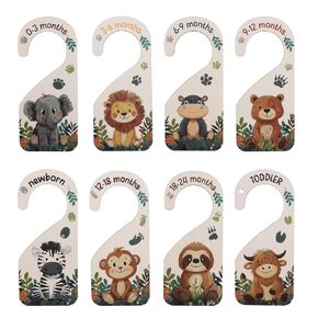 8pcs Baby Size Closet Dividers, Wooden Baby Wardrobe Organizer Newborn to 24 Months Woodland Nursery Decor Double-Sided Nursery Clothes Hanger Partition for Home Beautiful Decor (Animal)