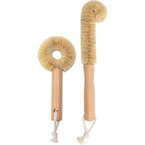 2PCS Coconut Brush Fiber Bottle Wooden Cleaning Brush, Scrub Head for Deep Pan Cleaning Washing, Sturdy Eco-Friendly with Natural Wood Handle Holder, Bristle Scrubber Set for Kitchen Dishes Vegetable