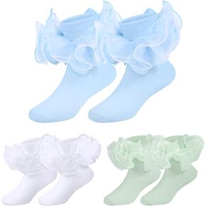 3 Pairs Baby Girl Double Lace Turn Cuff Cotton Girls Ruffle Socks Frilly Dress Socks for Toddlers and Kids