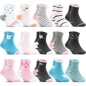 Toddler Non Slip Socks 15 Pairs, Kids Grip Socks for Girls Boys 0-7 Years Soft Cartoon Grippy Baby Sock with Gripper