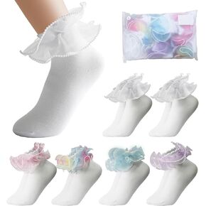 6 Pairs White Ruffle Socks for Toddler Girls