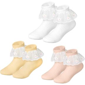 Toddler Girls Ruffle Socks Baby Set Embroidered Flowers Infant White Thin Socks 3 Pair Pack