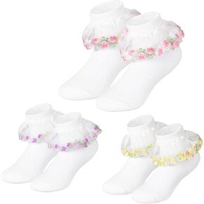 Toddler Girls Ruffle Socks Baby Set Embroidered Flowers Infant White Thin Socks 3 Pair Pack in Kuwait