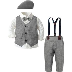 SANGTREE Boys Kids Little Boy Formal Suits Clothes Set, Shirt with Bow Tie Beret Hat Suspender Pants Sets, 3 Months - 9 Years