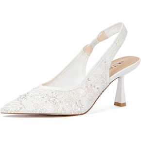 Slingback Wedding Heels for Women Bridal Lace Mesh Kitten Heel Closed Pointed Toe Pearl Pumps Shoes