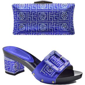 Women's Fashion Italian Rhinestone Decorated Shoe and Bag Set with Square Heel Slip-On Closure Round Toe Party Pumps