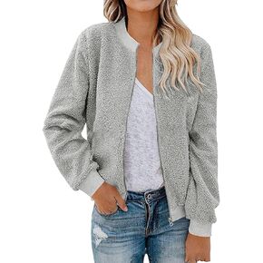 Mmoneyake Sherpa Jacket Women Faux Fuzzy Long Sleeve Shacket Zip Up Bomber Coat Warm Winter Jackets Open Front Cardigan Tops