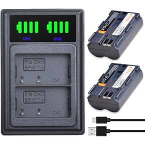 BP-511 BP-511A Battery and LED USB Dual Charger for Canon EOS 5D, 10D, 20D, 30D, 40D, 50D, Digital Rebel 1D, D60, 300D, D30, Kiss Powershot G5, Pro 1, G2, G3, G6, G1, Pro90 (Not for 5D Mark III)
