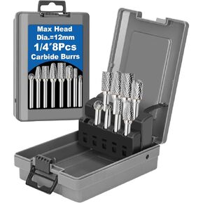 8Pcs Carbide Burr Set 1/4 Shank w/Grey Box Max Head Dia 12mm Die Grinder Bits Rotary Tools Attachment Kit Rasp Accessories Metal Wood Stone Steel Grinding Deburring Cutting Porting Carving