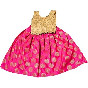 Golden Net & Pink Brocade Silk Kids Lehenga Choli, Girls Sleeveless Lehenga Choli Set,
