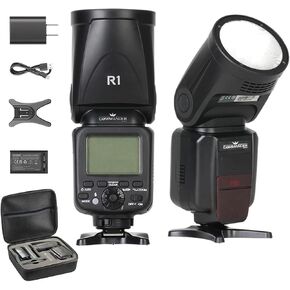 Commander R1-N TTL Round Head Speedlite Flash Kit for Nikon I-TTL Cameras,76Ws 2.4G 1/8000s HSS Speedlight with Modeling Lamp,11.5v 2000mAh Lithium Battery,USB Charger,Number of Flash 100-1500