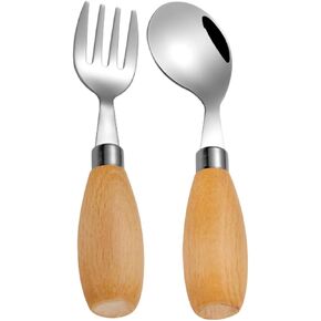 Garneck 1 Set Stainless Steel Fork and Spoon Utensils for Wood Handle Easy to Clean Reusable for Learning Independent Eating Minimalist Design