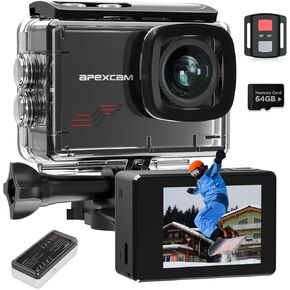 Apexcam Action Camera 4K Touch Screen, 131FT Waterproof Camera Underwater, 60FPS 64MP Sports Camera Helmet for Vlog, 170 ° WiFi Camcorder, 8X Zoom, Remote Control, 64GB Card,Mount Accessories