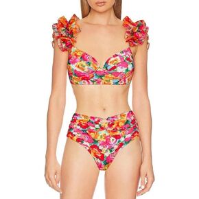 Catalpalev Women's Swimsuit Floral Print High-Waisted Slimming Bikini Set Two Piece Beach Swimwear Bathing Suit