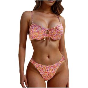 Swimsuits for Women 2025 Spaghetti Strap Flower Print Backless Self Tie Two Piece Bikinis Sets