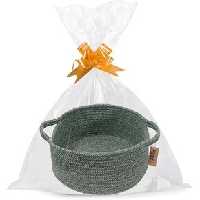 COMFY HOMI Small Woven Gift Baskets with Handles, Gift Bags and Ribbons - Cotton Rope Storage Basket for Organizing, Dog Toy Basket Box, Gift Baskets Empty, Mother’s Day-φ11X5 Inch,（white/brown）