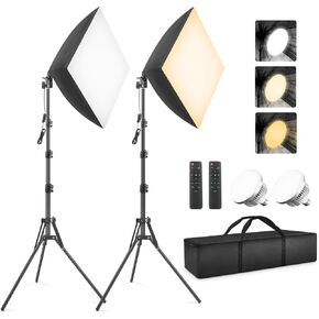 Softbox Photography Lighting Kit, Foccalli 85W Rotatable Soft Box Continuous Lighting with Dimmable 2700-6400K LED Light Bulb, Photo Studio Lights for Shooting Video Portraits