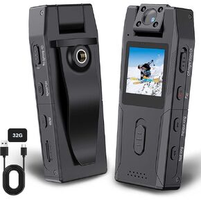 Body Camera with Video and Audio Recording, 32GB SD Card, Portable Sport Cam with Night Vision,180° Rotatable Lens, Worn Bodycam for Outdoor Traval, Law Enforcement, Bussiness