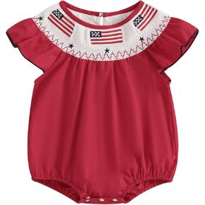 Toddler Baby Girls 4th of July Romper Cute Fly Sleeve Bubble Bodysuit Infant Flag Embroidery Summer Clothes