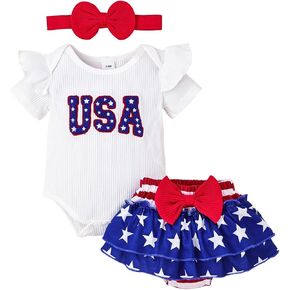4th of July Baby Girl Outfits Short Sleeves Baby Girl USA Romper Cute Stars Shorts Set Bow Headband 3Pcs 0-18 Months