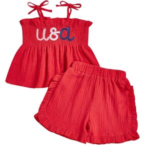 Kayotuas 4th Of July Toddler Girl Outfit Smocked Summer Clothes Usa Spaghetti Strap Tank Top Dress Ruffle Shorts 2 Piece Set