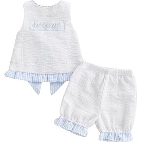 Toddler Girl Summer Outfit Letters Embroidery Cross Back Pinafore Top and Shorts Kids Striped Seersucker Clothes Set
