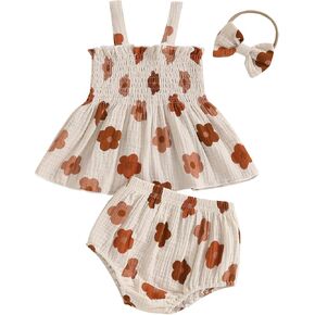 Kayotuas Baby Girl Summer Clothes Cute Floral Smocked Sleeveless Tank Top Bloomber Shorts with Bow Headband Casual Outfit Set