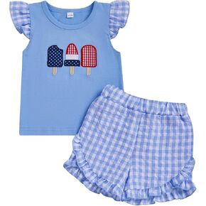4th of July Toddler Baby Girl Clothes Popsicle Embroidery Flutter Sleeve T-Shirt and Plaid Ruffle Shorts 2Pcs Set