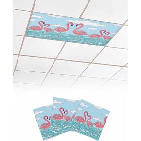 Fluorescent Light Covers, Summer Cute Flamingo Light Covers for Ceiling Lights Classroom/Office, Cartoon Animal Cloud Blue Sky Ceiling Lightcover Magnetic Lightfiltering Shades 3Pcs