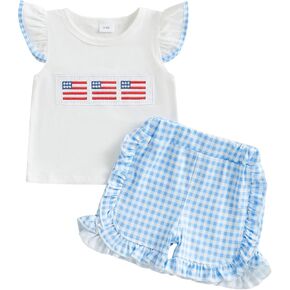 4th of July Baby Girl Clothes Fly Sleeve Smocked T-Shirt Top Plaid Ruffle Shorts Set Summer Toddler Outfits