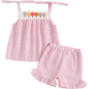 Toddler Girl Summer Outfit Ice Cream Embroidered Striped Sleeveless Smocked Tops Ruffled Gingham Shorts