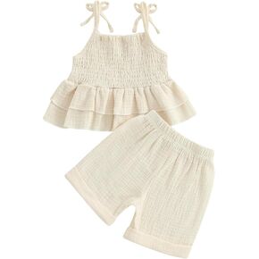 Toddler Girl Summer Clothes Baby Girl Smocked Ruffle T Shirt Top Short Set Little Kids Girl Outfit Beach Essential