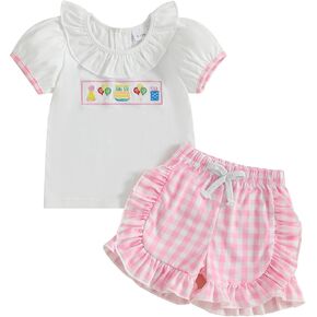 Kayotuas Toddler Baby Girl Birthday Outfit Birthday Girl Shirt Ruffle Gingham Shorts Cute Summer Clothes Cake Smash Outfits