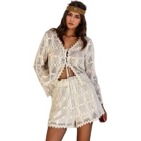 2 Piece Linen Set for Women White Eyelet Blouses for Women Tie Front Top Boho Shorts Summer Beach Vacation Outfits