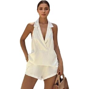 White 2 Piece Set for Women Casual Sleeveless Halter Top Elastic Waist Shorts Vacation Outfits Going Out Streetwear