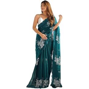 Women's Sequin Embroidered Chiffon Saree with Unstitched Blouse Piece, Shimmer Design