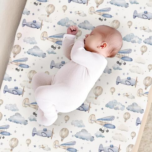 Plane Hot Air Balloon Transportation Pattern Baby Changing Pad Cover, Unisex Aircraft Clouds Stars Nursery Diaper Changing Table Pad Mat Sheet for Boys Girls-16x32 in Saudi Arabia