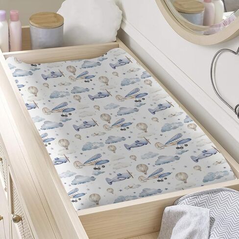 Plane Hot Air Balloon Transportation Pattern Baby Changing Pad Cover, Unisex Aircraft Clouds Stars Nursery Diaper Changing Table Pad Mat Sheet for Boys Girls-16x32 in Saudi Arabia