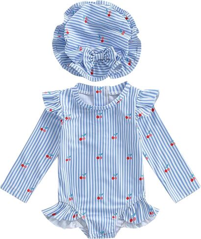 Baby Girl Swimsuit Long Sleeve Ruffled Shell Zip Up Swimwears Toddler Kids Infant Bathing Suit One Piece with Hat in Saudi Arabia