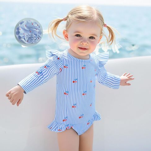 Baby Girl Swimsuit Long Sleeve Ruffled Shell Zip Up Swimwears Toddler Kids Infant Bathing Suit One Piece with Hat in Saudi Arabia