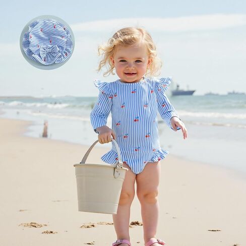Baby Girl Swimsuit Long Sleeve Ruffled Shell Zip Up Swimwears Toddler Kids Infant Bathing Suit One Piece with Hat in Saudi Arabia