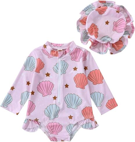 Baby Girl Swimsuit Long Sleeve Ruffled Shell Zip Up Swimwears Toddler Kids Infant Bathing Suit One Piece with Hat in Saudi Arabia