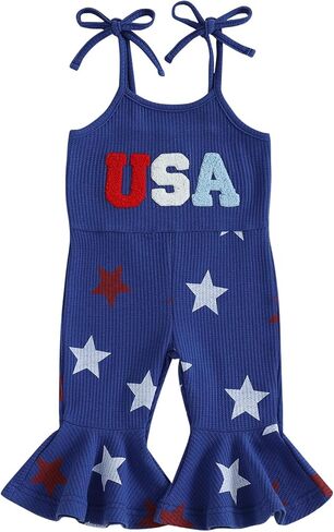 4th of July Toddler Girl Outfit USA Romper Spaghetti Strap Bell Bottom Jumpsuit Overall Baby Fourth of July Outfits in Saudi Arabia