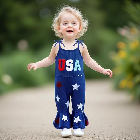 4th of July Toddler Girl Outfit USA Romper Spaghetti Strap Bell Bottom Jumpsuit Overall Baby Fourth of July Outfits in Saudi Arabia