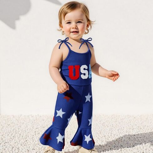 4th of July Toddler Girl Outfit USA Romper Spaghetti Strap Bell Bottom Jumpsuit Overall Baby Fourth of July Outfits in Saudi Arabia