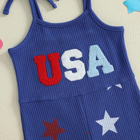 4th of July Toddler Girl Outfit USA Romper Spaghetti Strap Bell Bottom Jumpsuit Overall Baby Fourth of July Outfits in Saudi Arabia