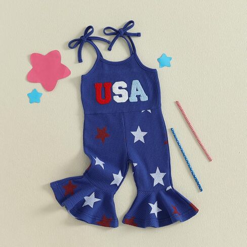4th of July Toddler Girl Outfit USA Romper Spaghetti Strap Bell Bottom Jumpsuit Overall Baby Fourth of July Outfits in Saudi Arabia
